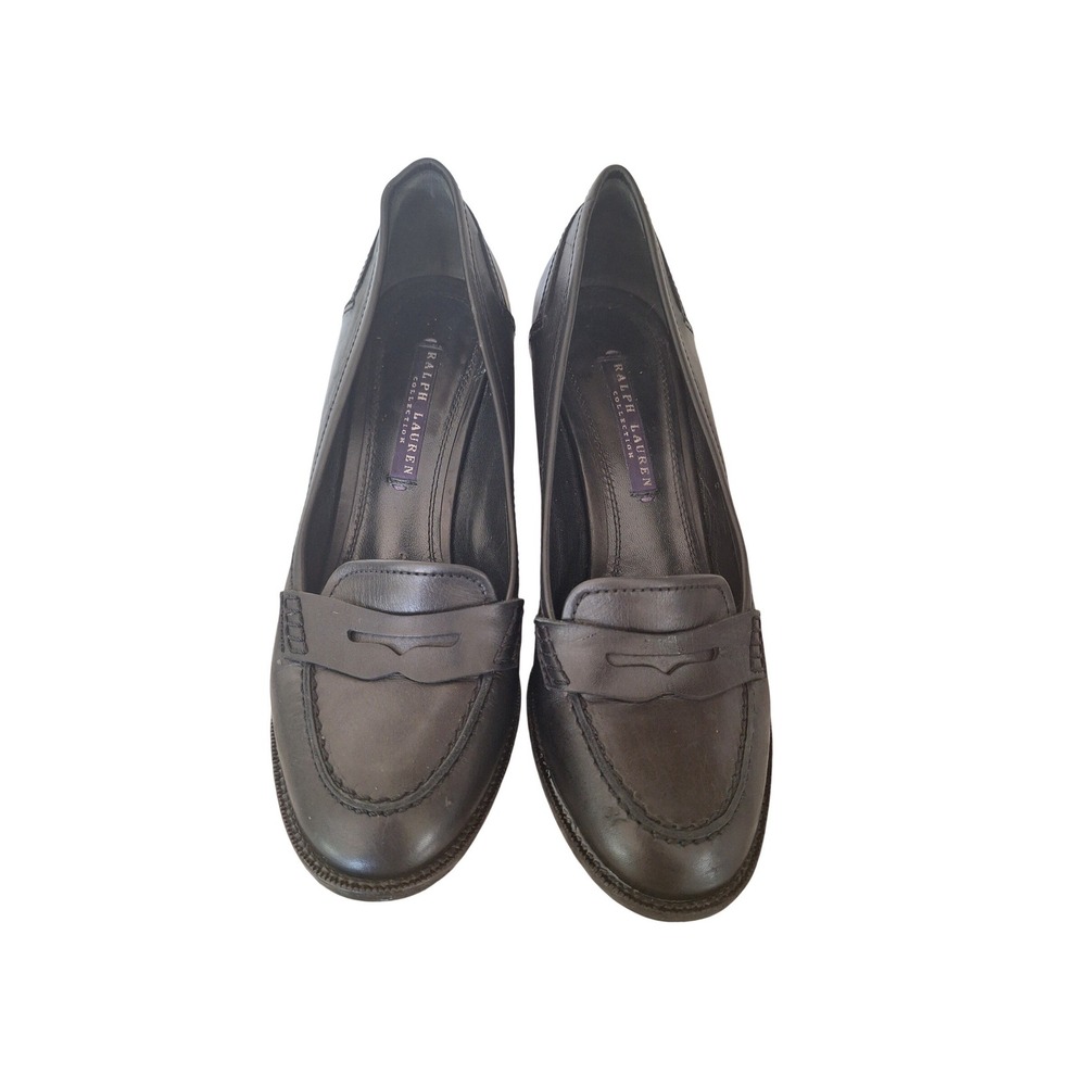 Ralph Lauren Collection Black Leather Penny Loafer Block Heel Pumps Womens 7.5